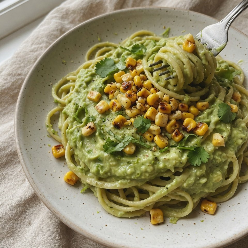 fresh ingredients for Creamy Avocado Pasta With Roasted Corn