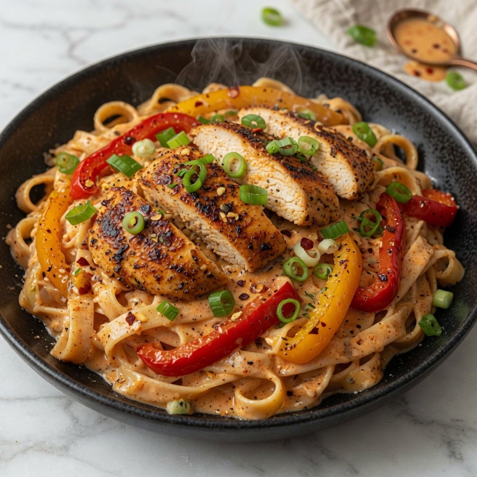 fresh ingredients for Creamy Cajun Chicken Fettuccine With Roasted Bell Peppers And Green Onions