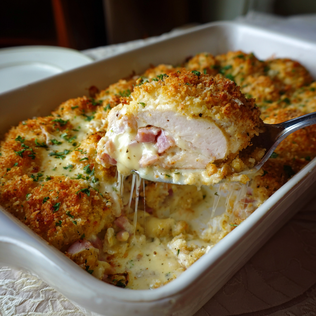 how to make Creamy Chicken Cordon Bleu Casserole With A Crispy Buttery Breadcrumb Topping step by step