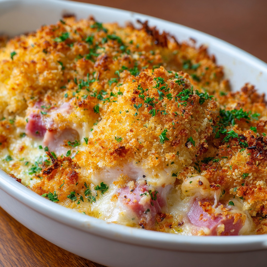 fresh ingredients for Creamy Chicken Cordon Bleu Casserole With A Crispy Buttery Breadcrumb Topping