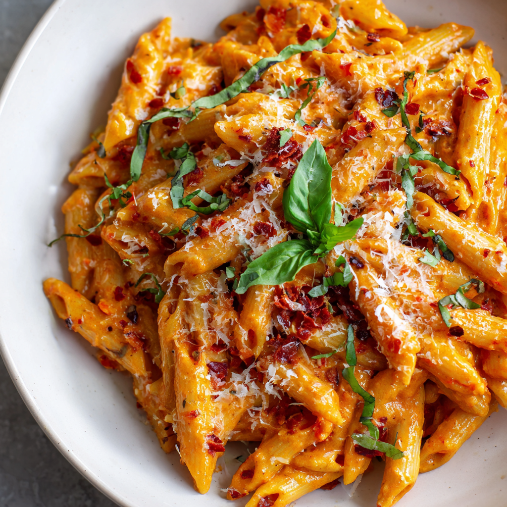 how to make Creamy Roasted Red Pepper Pasta With Fresh Basil That Takes Only 20 Minutes step by step
