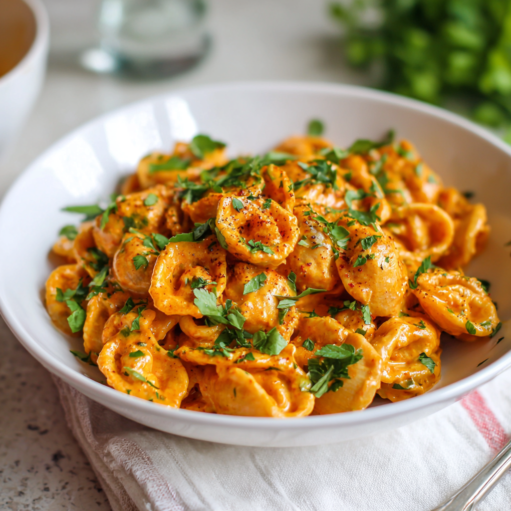 fresh ingredients for Creamy Roasted Red Pepper Pasta With Fresh Basil That Takes Only 20 Minutes