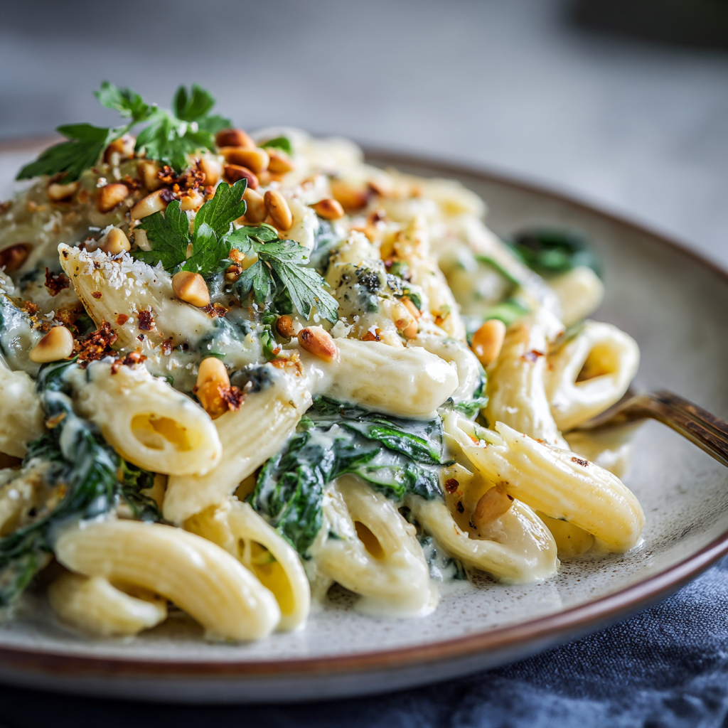 how to make Decadent Creamy Gorgonzola Pasta With Spinach And Toasted Pine Nuts step by step