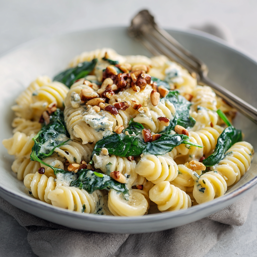 fresh ingredients for Decadent Creamy Gorgonzola Pasta With Spinach And Toasted Pine Nuts