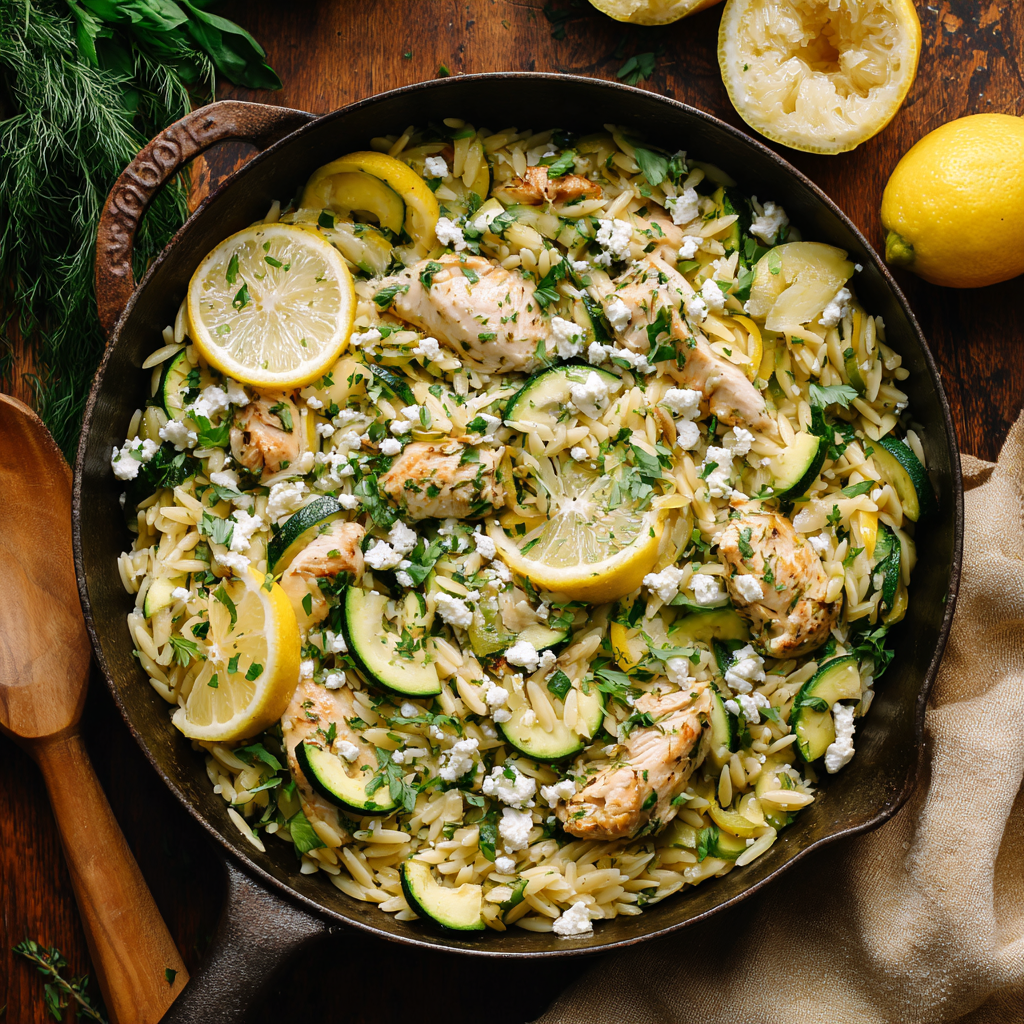 how to make Lemon Herb Chicken Orzo Skillet Packed With Fresh Zucchini And Feta step by step
