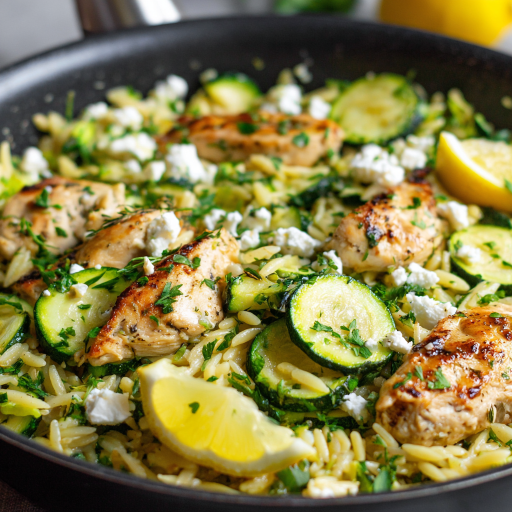 fresh ingredients for Lemon Herb Chicken Orzo Skillet Packed With Fresh Zucchini And Feta