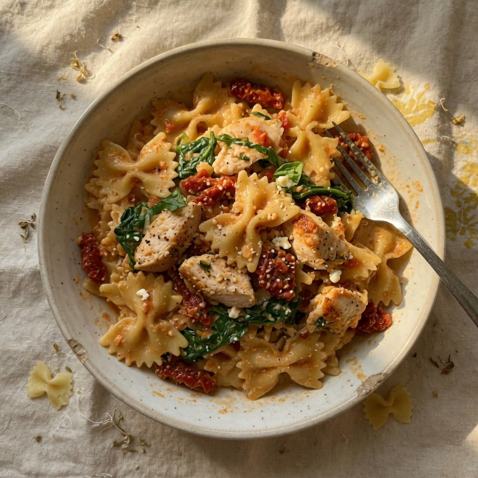 fresh ingredients for Light Sun-Dried Tomato Chicken Farfalle