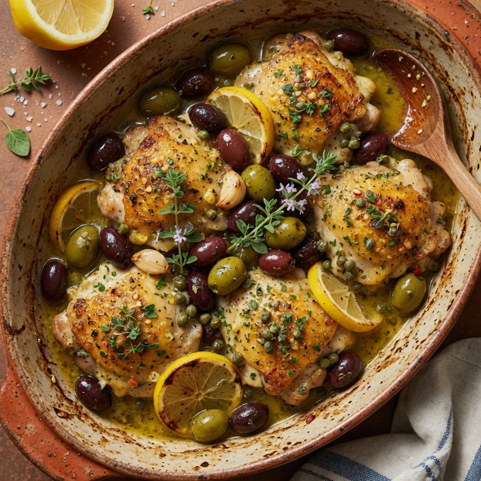 fresh ingredients for Mediterranean Baked Chicken With Olives, Capers, And A Lemon Butter Sauce