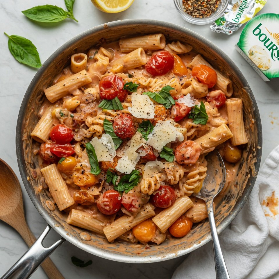 fresh ingredients for One-Pan Creamy Boursin Cheese Pasta With Burst Cherry Tomatoes