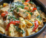 One-Pot Creamy Garlic Parmesan Chicken Pasta with Roasted Red Peppers and Spinach for Busy Weeknights