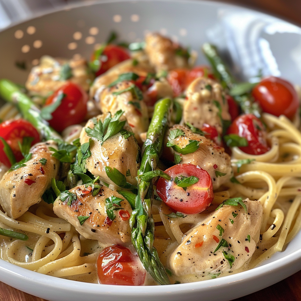 how to make One-Pot Creamy Lemon Garlic Chicken Pasta With Asparagus And Cherry Tomatoes step by step