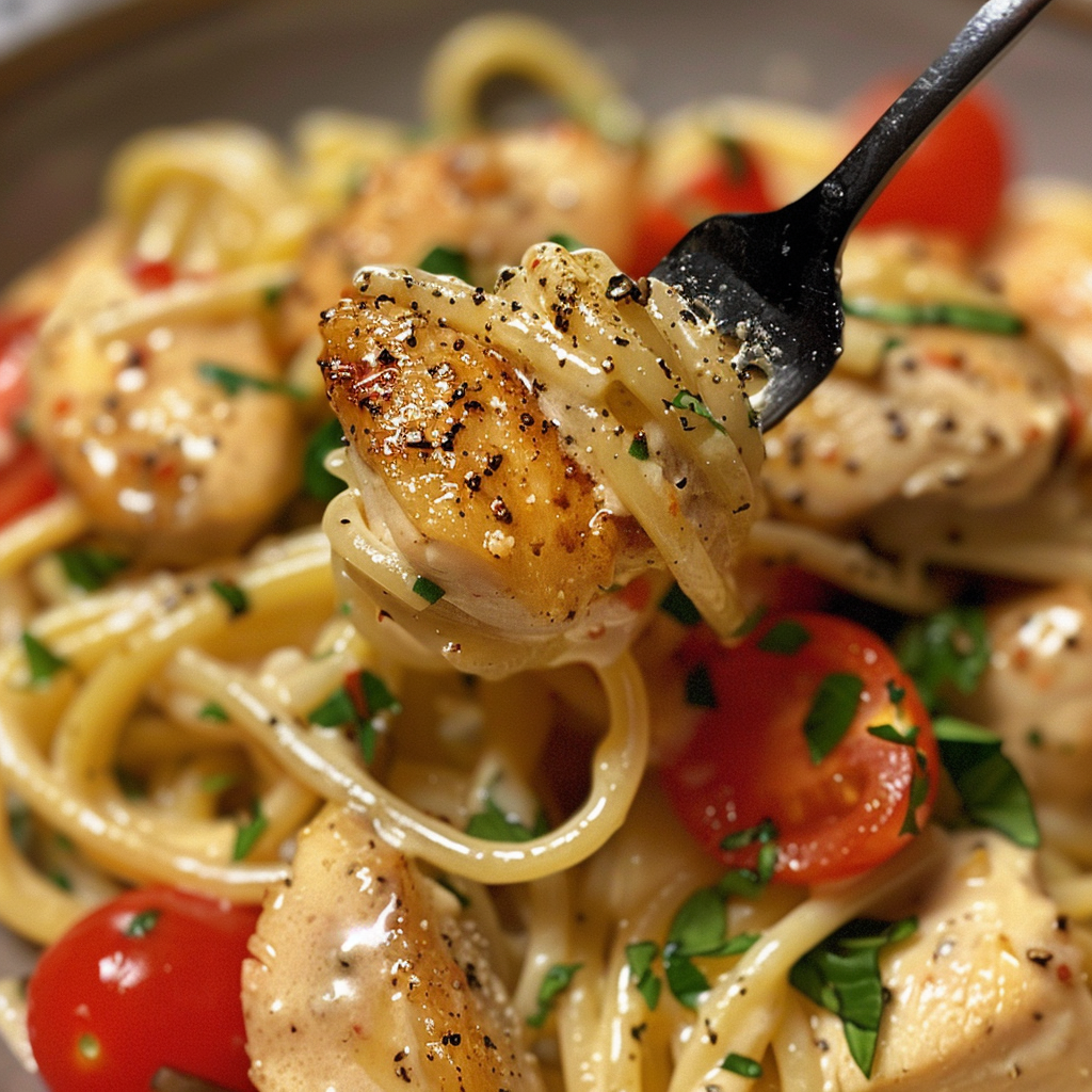 fresh ingredients for One-Pot Creamy Lemon Garlic Chicken Pasta With Asparagus And Cherry Tomatoes