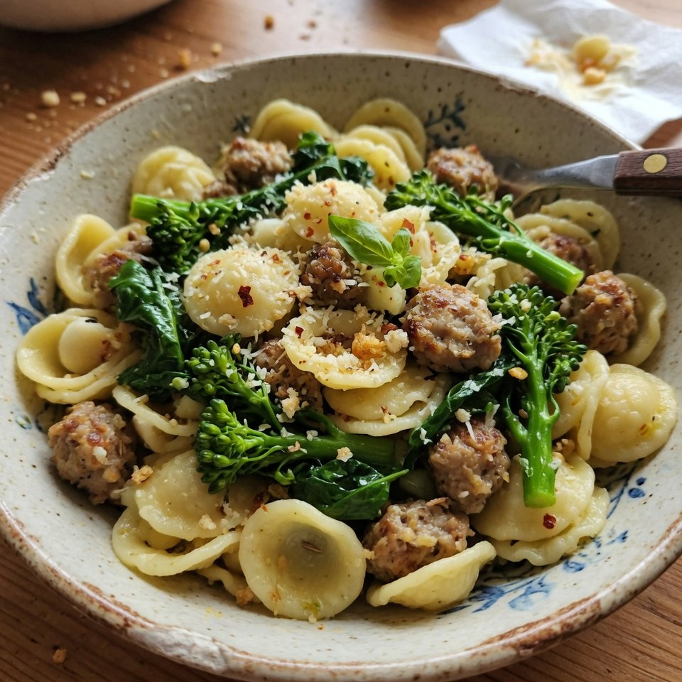 fresh ingredients for Orecchiette With Chicken Sausage & Broccoli Rabe