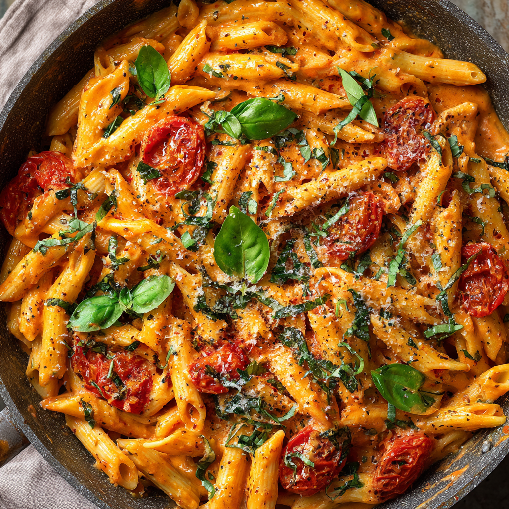fresh ingredients for Rich Creamy Tomato Basil Penne Made With Fresh Summer Garden Tomatoes