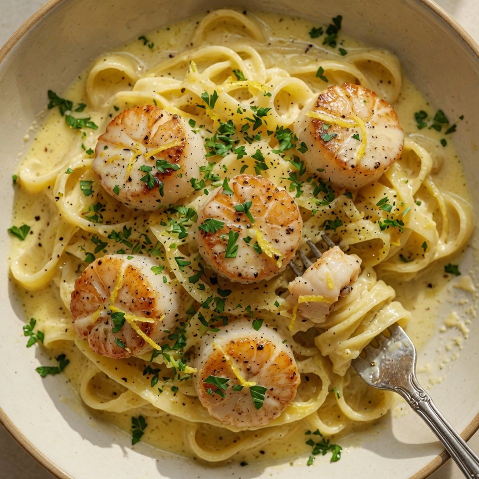 fresh ingredients for Velvet Creamy Lemon Scallop Pasta With Fresh Parsley And Black Pepper